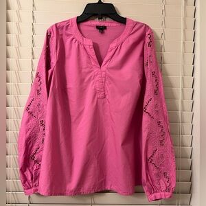Talbots Women’s Petite Small Hot Pink Blouse Split Neck Lace Long Sleeve Top